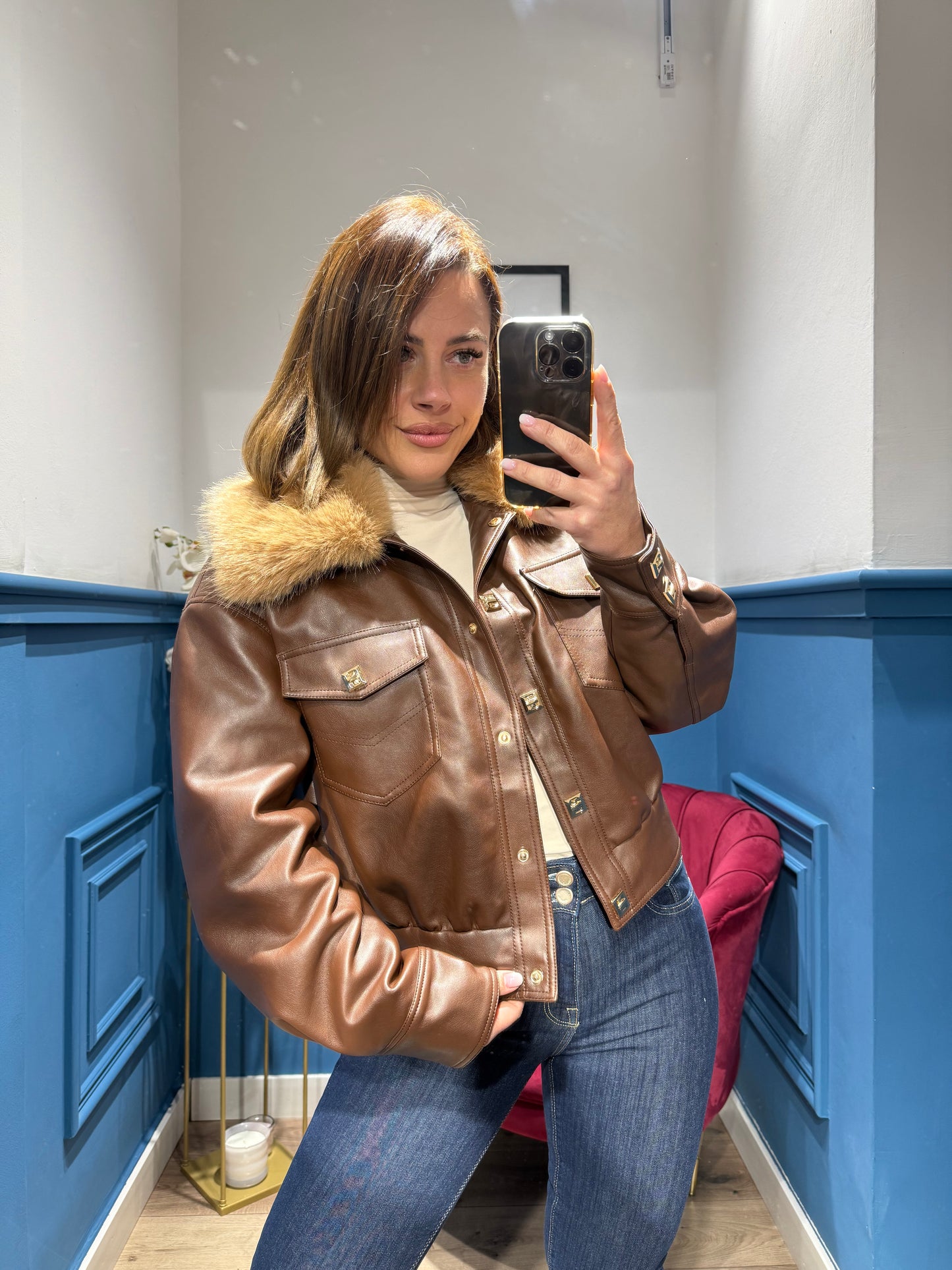 Giacca ecopelle con pellicciotto