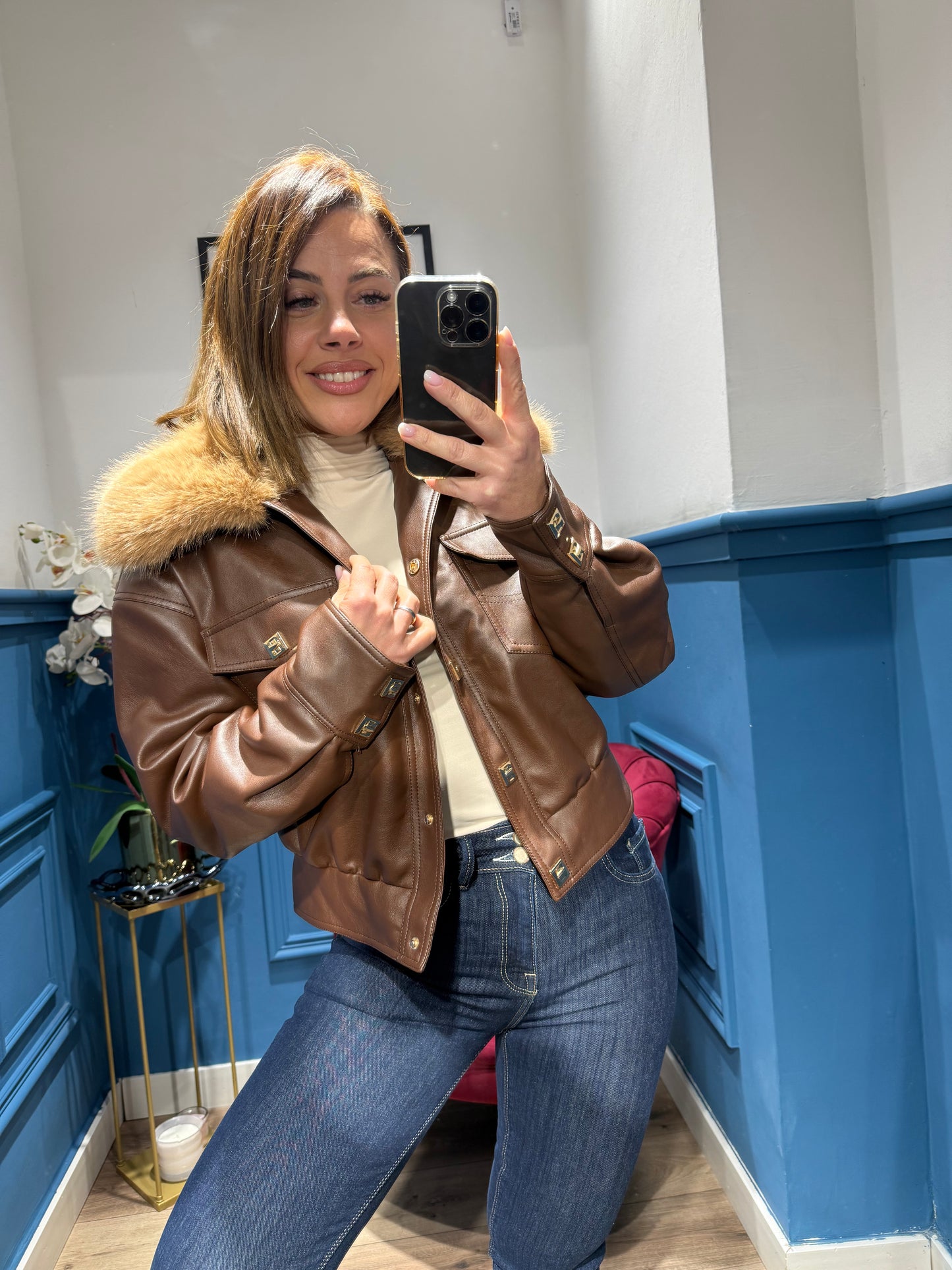 Giacca ecopelle con pellicciotto